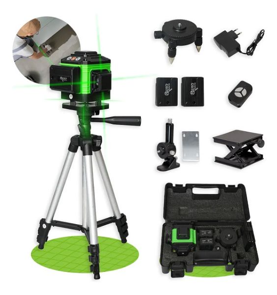 Kit Nível A Laser Verde 12 Linhas Esquadro + Suporte + Tripé Recarregavel Profissional